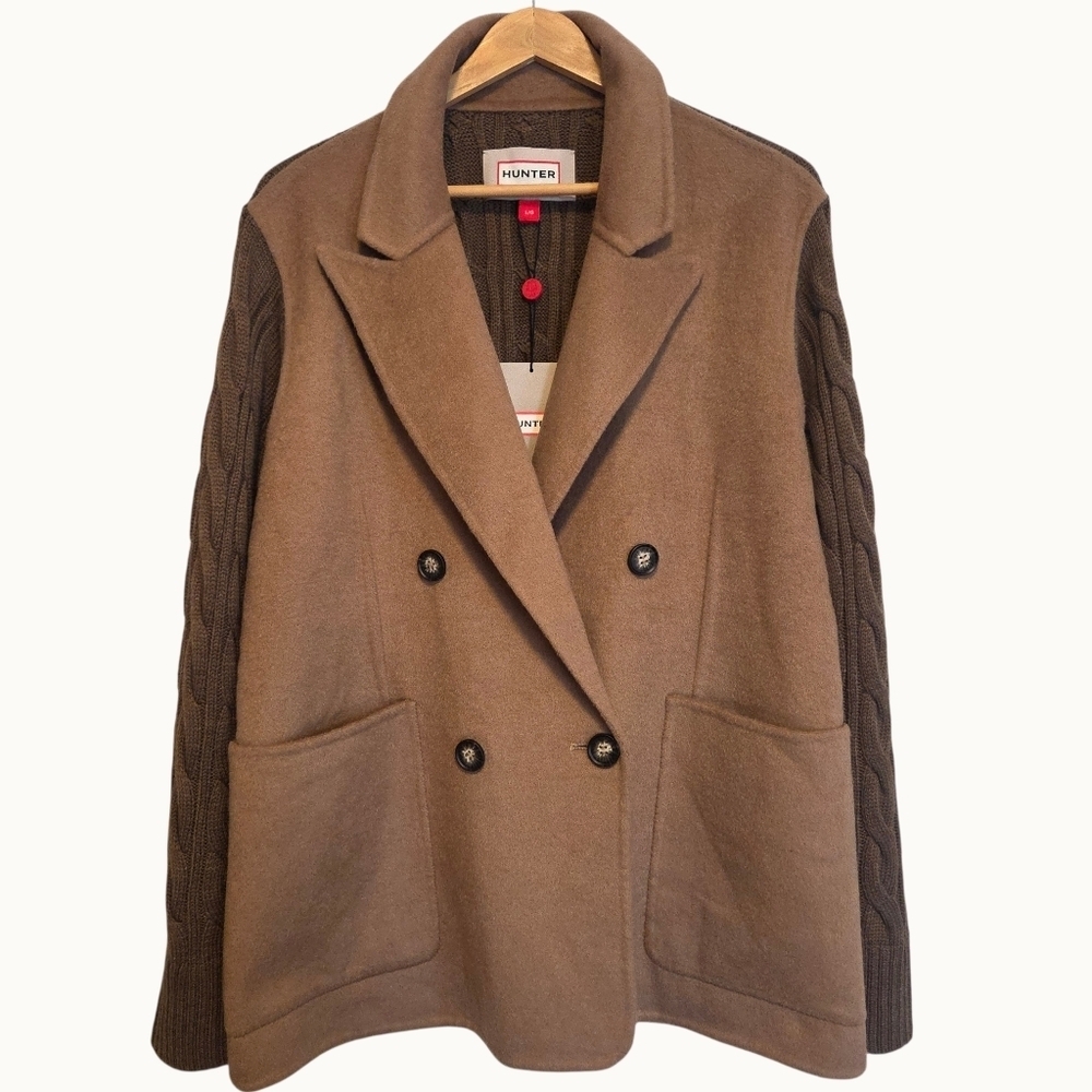 NWT Hunter Quiet Luxury Wool-Blend Knit & Felted Hybrid Blazer Jacket Brown - Picture 2 of 9